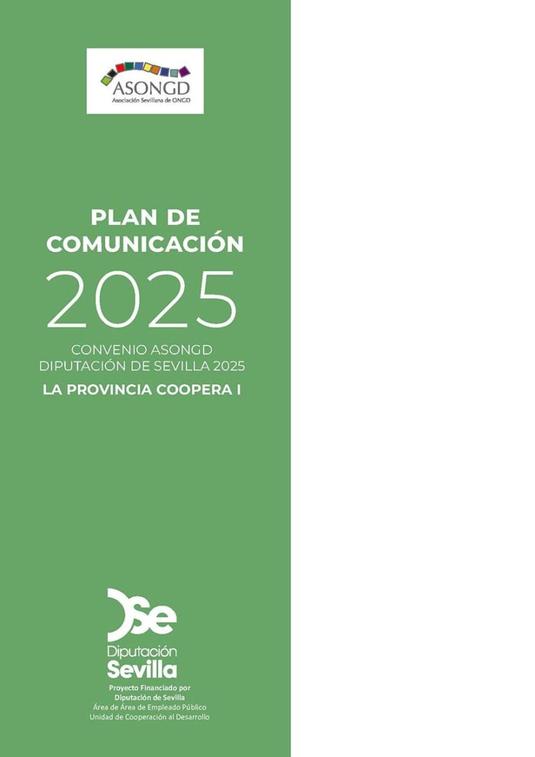 Portada del Plan de Comunicación 2025 de la ASONGD en el marco del Convenio La Provincia Coopera I con la Diputación de Sevilla